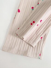 Genkimix Kids 1 件复古休闲修身独特樱桃印花连体裤，适合夏季户外和学校 - 杏色 - 查看 5