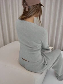 MUSERA Knopfverschluss Langarm Strickjacke, lässige elastische Strickhose, geripptes Strickset, elegant, sexy, Streetwear, Abendparty, Frühling - Grau - Übersicht 4