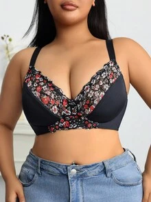 1pc Plus Size Lace Padded Underwire Bra, Romantic Women's Lingerie, Lift - Multicolor - View 3