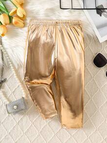SHEIN Baby Girl Metallic Cone Shaped Pants, Fashion Party Bottoms - Gold - View 1