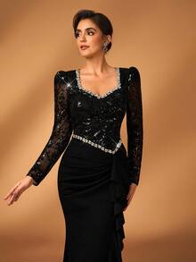 Serin Elegante y lujoso vestido de sirena con apliques florales de cuentas y lentejuelas, adecuado para bodas, fiestas, vacaciones, galas, despedidas de soltera, vestido de noche para la madre de la novia, Día de San Valentín - Negro - Ver 5