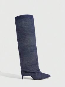 CUCCOO SZL Women's Pointed Toe Stiletto Heel Blue Denim Dual Fabric Design Fashionable Minimalist Comfortable Daily Party Slip-On Side Zipper Boots - Navy Blue - View 3