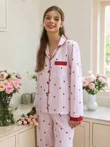 Striped Heart Patchwork Collar Top & Pants Pajama Set, Fall Winter Clothes - Multicolor - View 4