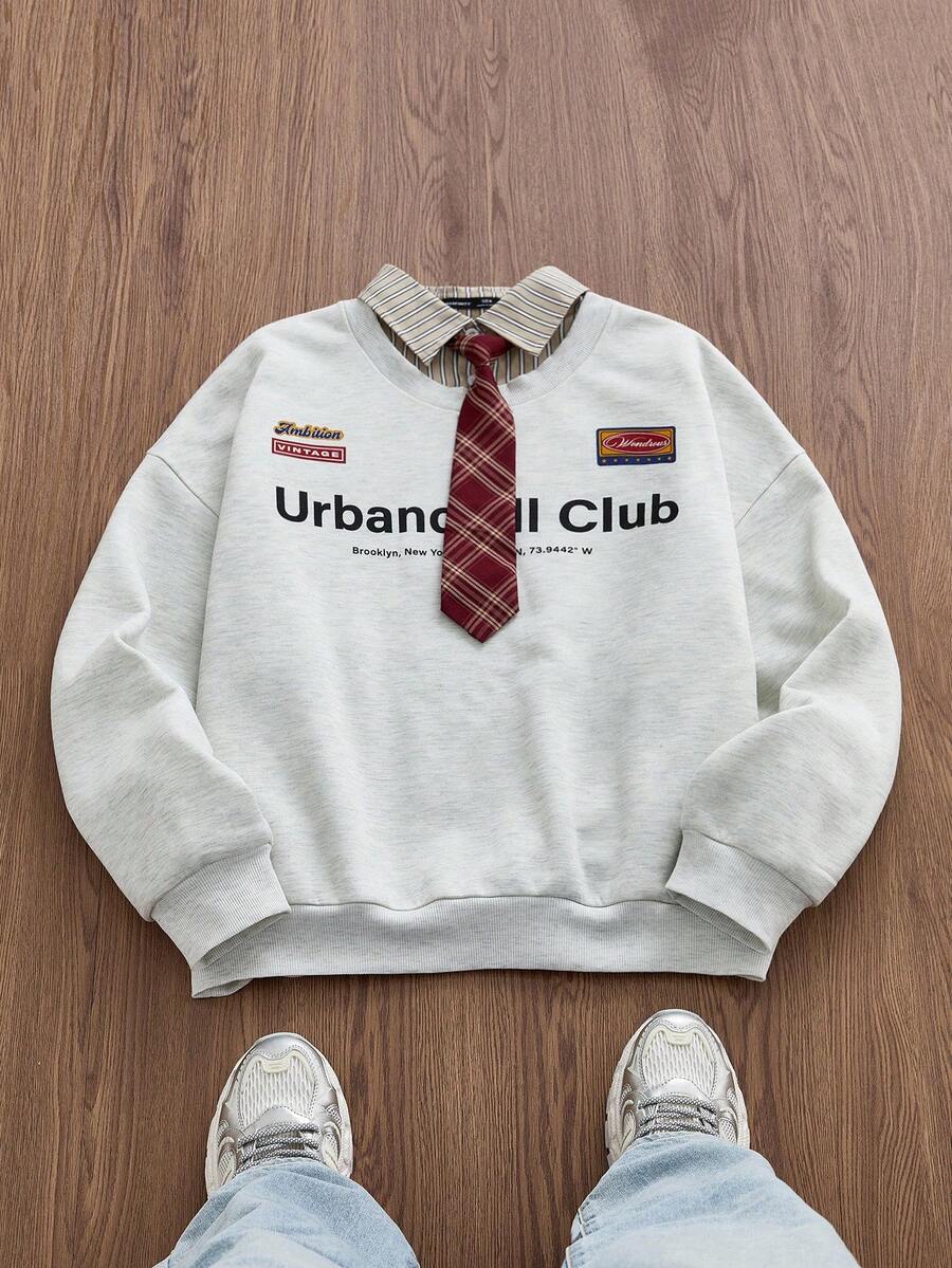 EASEVO Plus Size Men's Casual Long Sleeve Pullover Sweatshirt With Printed Tie Front Design, Fall, Winter - Light Grey - View 1