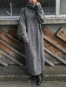 FRIFUL Women's Solid Color High Neck Dropped Shoulder Long Sleeve Loose Casual Versatile Long Straight Sweater Dress, Autumn/Winter