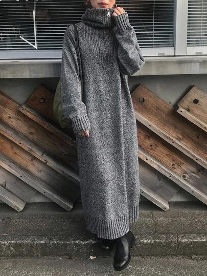 FRIFUL Damklänning i enfärgad, hög hals, nedsänkta axlar, långärmad, lös, avslappnad, mångsidig, lång, rak tröja, höst/vinter