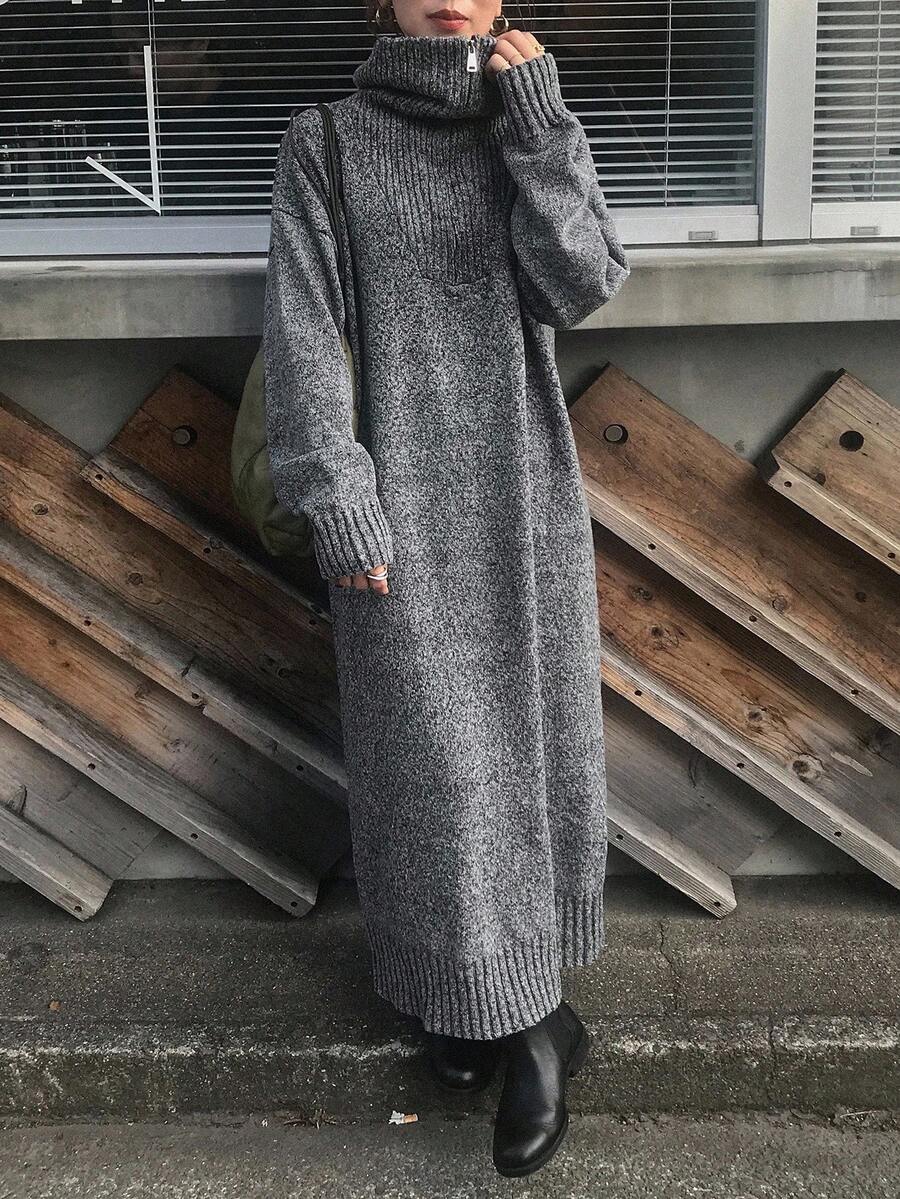 FRIFUL Women's Solid Color High Neck Dropped Shoulder Long Sleeve Loose Casual Versatile Long Straight Sweater Dress, Autumn/Winter