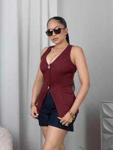 Melissa Matos Damen Pendler Arbeit & Schule Metall Schnallen Lässig Minimalist Mode Weste Blazer - Bordeaux - Übersicht 6