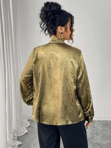 SHEIN Elenzya 大码女式梭织常规秋冬优雅金箔灯笼袖V领系带衬衫 - 金色 - 查看 2