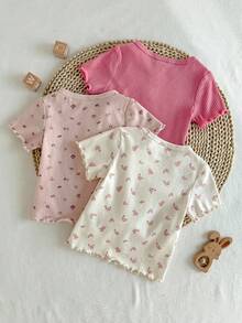 Loomiva Set de 3 blusas de punto de manga corta y cuello redondo suave con estampado floral diminuto para bebé niña - Rosa - Ver 2