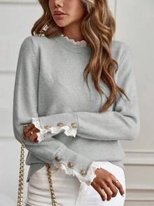EMERY ROSE Women's Casual Lace Trim Round Neck Long Sleeve Sweater, Autumn/Winter - Light Grey - View 3