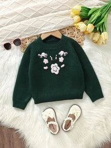少女花卉贴花圆领长袖毛衣 - 綠色 - 查看 5