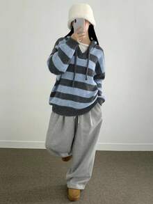 DAZY 女式复古条纹连帽毛衣，宽松设计厚实柔软套头衫，秋冬