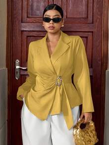 Elenzga Fashionable Casual Waist-Cinched Elegant Commuter Asymmetric Golden Button Blazer