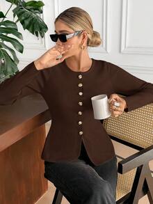 Serisse Áo khoác cardigan tay dài cổ tròn cài nút phía trước cho nữ, Thu/Đông - Cà phê nâu - Xem 6