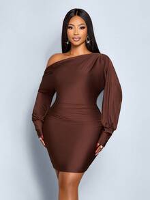 SOLERSUN Plus Size Women's Chocolate Brown Autumn Elegant Night Out Club Satin Asymmetrical Oblique Shoulder Pleated Puff Sleeve Tight Hip Short Dress - Brown - View 4