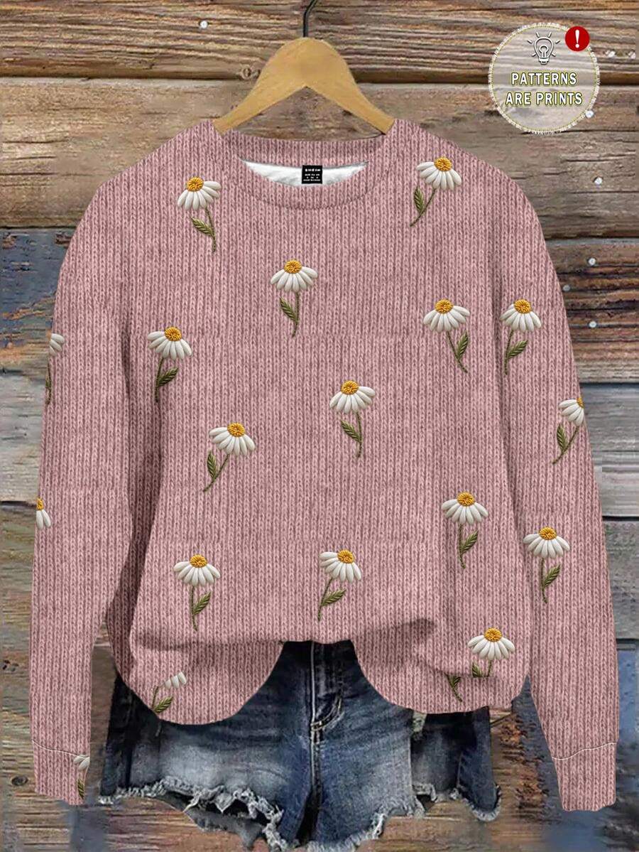 SHEIN LUNE Lässiges, minimalistisches Damen Sweatshirt mit gedrucktem Muster, Rundhalsausschnitt, weite Passform, im Retro-Vintage-Stil, 3D-Stickerei-Muster, geeignet für Frühherbst & Herbst/Winter