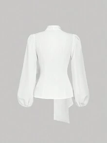 SHEIN MOD Áo cánh thời trang buộc dây phía trước tay đèn lồng màu trắng dành cho nữ, Mùa thu/Đông, Lễ Tạ ơn, Giáng sinh, Năm mới, Thường ngày - trắng - Xem 3