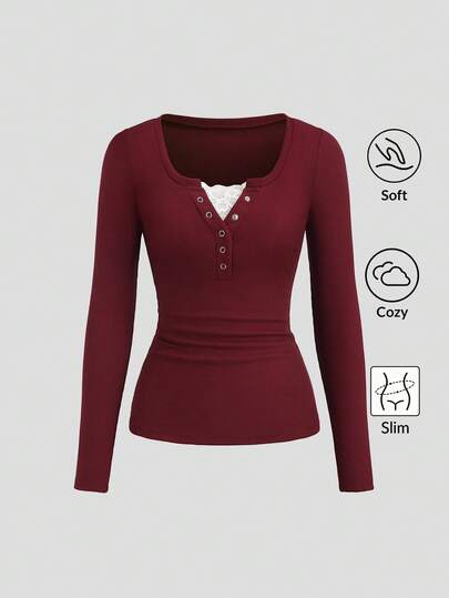 Sweetra Damen Langarm T-Shirt mit Spitzeneinsatz am Kragen, einfarbig, Herbst