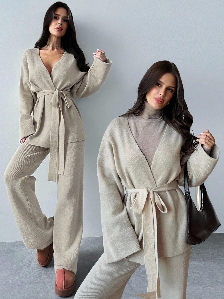 Firerie 女士优雅休闲度假通勤V领宽松腰部毛衣上衣和高腰阔腿裤毛衣套装，适合春秋冬季，休闲毛衣裤套装