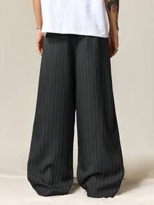 ROMWE MEN Pantalones anchos y sueltos con estampado de rayas casuales para hombres, adecuados para uso diario, el trabajo y el transporte, otoño - humo gris - Ver 3