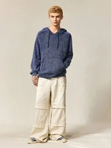 ROMWE MEN Casual 男士纯色连帽口袋休闲套头长袖水洗毛衣，秋冬款 - 藍色 - 查看 7