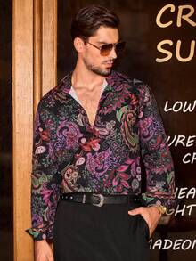 HIMLAND Men Casual Paisley Pattern Digital Print Button-Down Long Sleeve Shirt, Boho 70s Retro Style Shirt, Ideal For The Artistic Soul, Fall