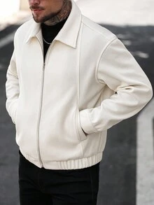 Manfinity CasualCool 男士纯色长袖拉链领口袋休闲夹克，秋冬男士拉链夹克，白色男士夹克，米色男士夹克，短款男士夹克，男士毛衣夹克 - 淡紫色 - 查看 5