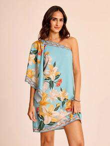 不对称领口花卉印花休闲度假连衣裙 - 彩色 - 查看 5