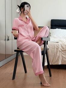 SHEIN Bubble Crinkle Colorblock Short Sleeve & Pants Women Pajama Set - Multicolor - View 6