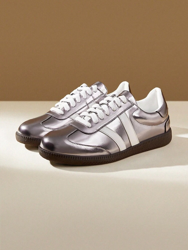 CUCCOO EASI Women's Casual Lace-Up Round Toe Flat Sneakers, Copper-Tone PU Leather, Sporty & Comfortable For Daily Indoor/Outdoor Wear