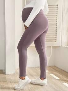 SHEIN Maternity Solid Color Adjustable Waist Casual Leggings Purple Winter Warm - Multicolor - View 2