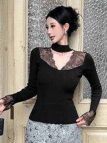 DAZY 女式撞色蕾丝镂空修身长袖毛衣，白色，春秋 - 黑色 - 查看 8