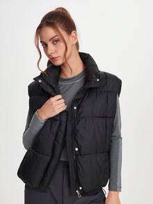 SHEIN Sports 2025 New Korean Version Loose Stand Collar Layered Vest Waistcoat, Short Style For Autumn/Winter - Black - View 5