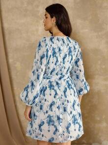Flirla Plus Size Chiffon Printed Pleated Waist Decorative Dress, Spring/Autumn - Blue and White - View 2