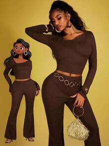 INAWLY 1 Conjunto de Top de manga larga ajustado de cuello oblicuo y pantalones acampanados sexy