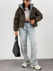 EURMUSE 女式口袋厚短款连帽冬季外套 - 軍綠色 - 查看 4