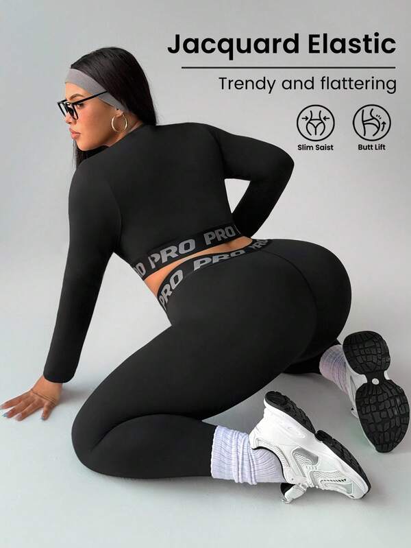 Rhythm Era Plus Size Women Letter Print Round Neck Long Sleeve Cropped T-Shirt And Leggings Sports Suit Tummy Control Workout Set