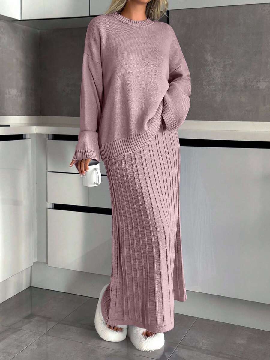 EURMUSE 女士休闲圆领落肩宽松大码舒适毛衣和超长褶皱 A 形裙 女士日常休闲针织套装 - 藕粉色 - 查看 1