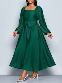 SOLERSUN Women Summer Plus Size Fall Winter Elegant Dark Green Square Neck Long Sleeve Ruched A-Line Dress,Frenchy Wedding Date Casual Commuting Dress - 墨綠色 - 查看 1