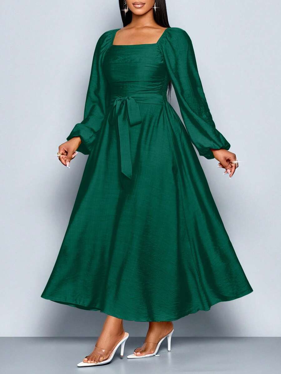 SOLERSUN Women Summer Plus Size Fall Winter Elegant Dark Green Square Neck Long Sleeve Ruched A-Line Dress,Frenchy Wedding Date Casual Commuting Dress - 墨綠色 - 查看 1