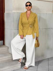 Elenzga Fashionable Casual Waist-Cinched Elegant Commuter Asymmetric Golden Button Blazer