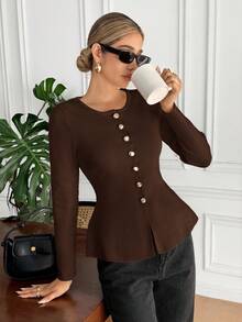 Serisse Áo khoác cardigan tay dài cổ tròn cài nút phía trước cho nữ, Thu/Đông - Cà phê nâu - Xem 5