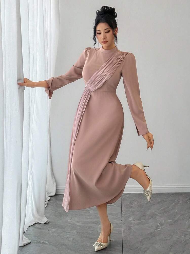 Women's Solid Color Stand Collar Long Sleeve Pleated Design Elegant Mid-Length Dress Maxi Dress