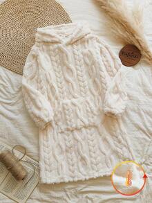 Vintaside Kids 秋冬季 Tween Girl 米色提花毛绒连帽卫衣连衣裙，适合逛街、公园漫步、居家休闲、懒洋洋看电视剧、参加聚会等日常外出。