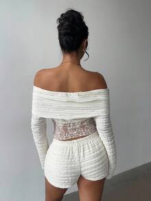 Aloruh Women's Sweet Off Shoulder Apricot Ruffle Lace Patchwork Long Sleeve T-Shirt And Super Short Shorts, Autumn/Winter - Apricot - View 2