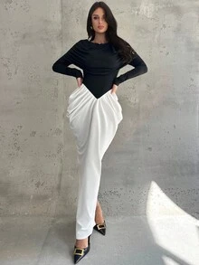 Firerie Women's Black & White Contrast Pleated Long Sleeve Waist Cinched Dress, Elegant Commuter Dress For Daily, Spring/Autumn/Winter, Suitable For Commute, Date, Party, Wedding, Graduation, Performance, Work, Anniversary, Birthday,Elegant And Luxurious Black And White Contrast Stitching Off-The-Shoulder Ruffled Fishtail Hem Formal Evening Dress - Black and White - View 6