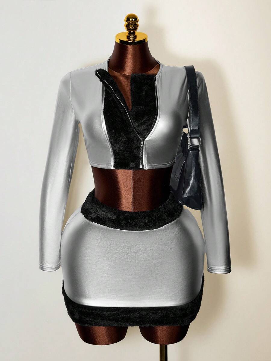 Mistrie Flannelette Collar Faux PU Leather Crop Jacket - Silver - View 1