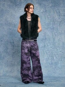 ROMWE MEN Grunge Punk Blugi bărbătești violet cu imprimeu tie-dye și buzunar, casual, la modă, cu picior larg - Violet - Vizualizare 7