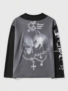 ROMWE MEN Casual Camiseta de manga larga con cuello redondo, estampado digital de letras y números con contraste de colores, para hombre, otoño - Negro - Ver 2